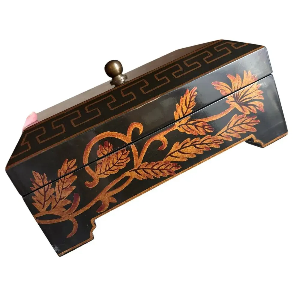 Ornate wooden jewelry box lift ff lid velvet tray black brown gold lacquer